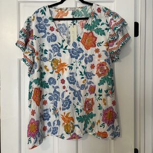 Rachel Zoe Popover Top Blouse Women 3X Floral Colorful Lightweight Shirt